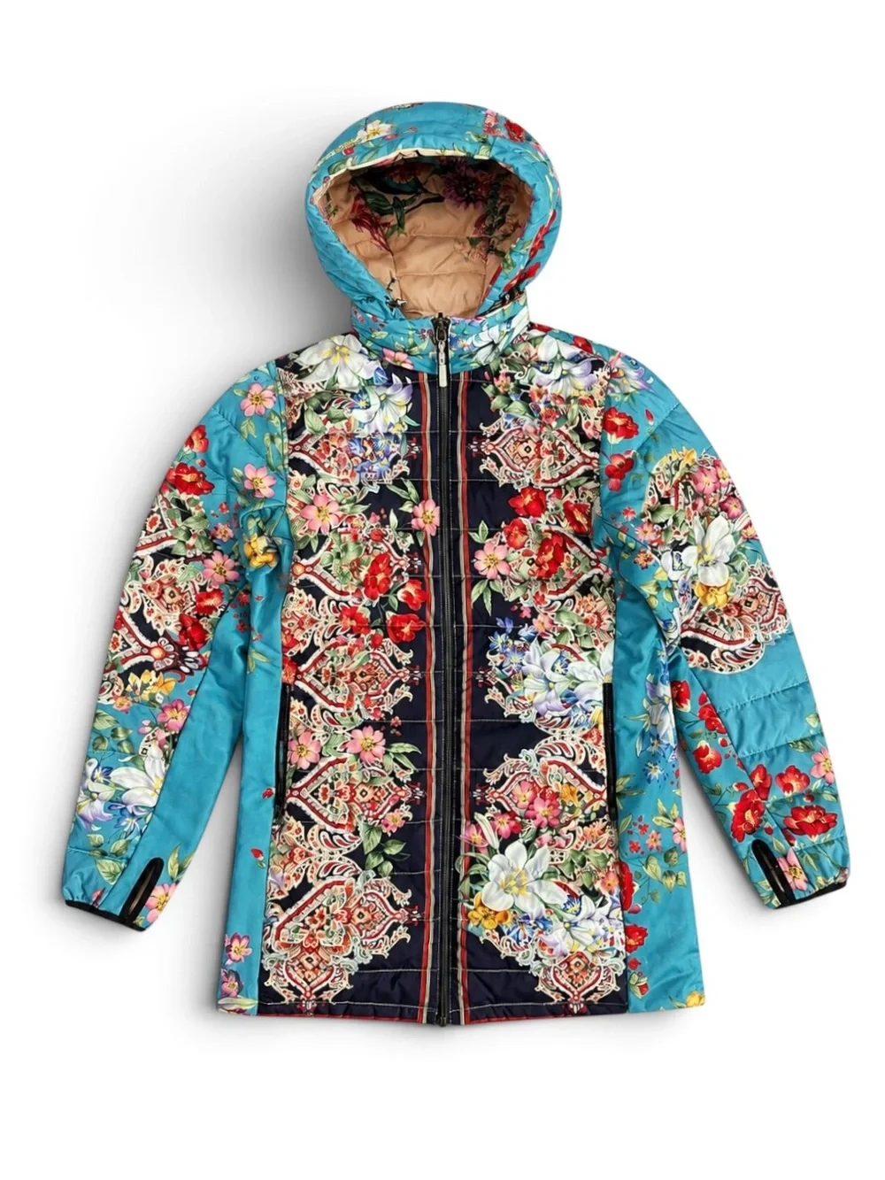 Johnny Was Santa Fe Reversible Down Puffer Parka Teal Multicolor Floral Large